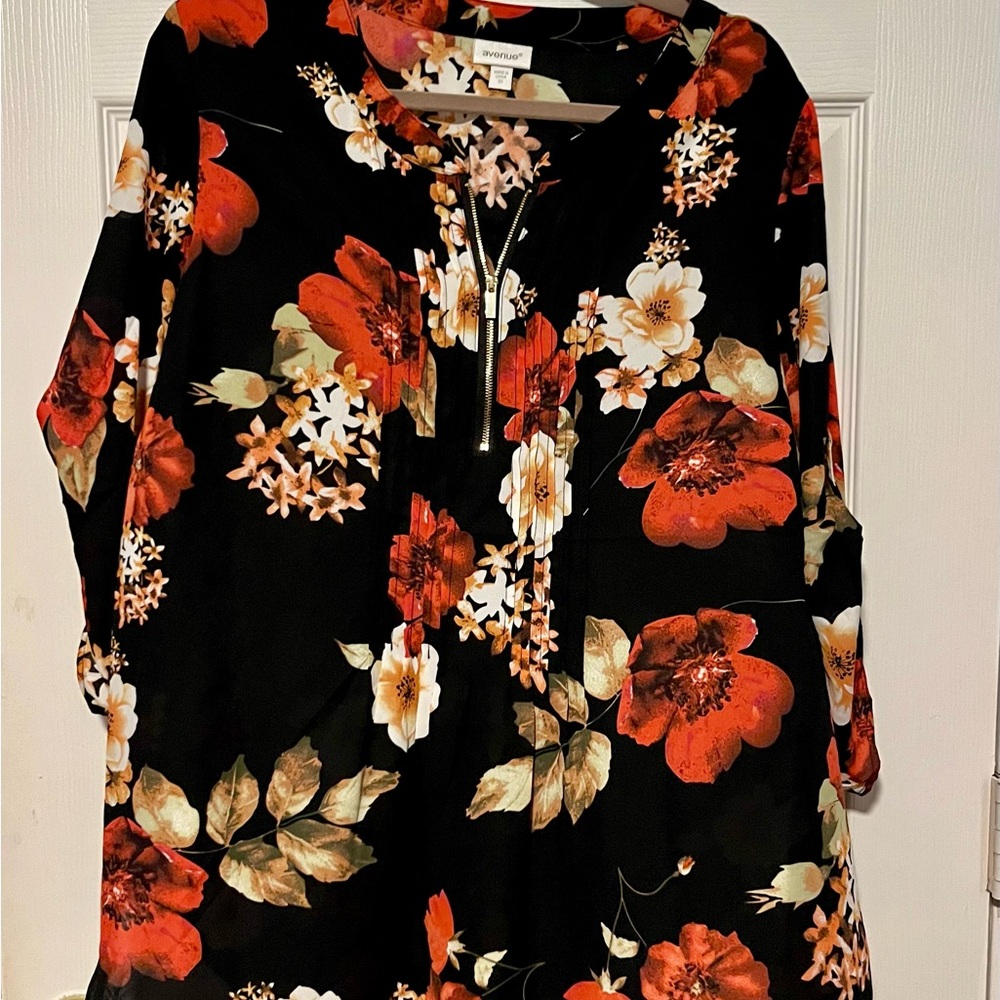 Black Tunic Blouse with Copper and White Floral Design